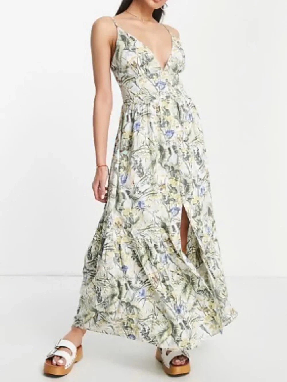Abercrombie & Fitch Green Tropical Floral Plunge V-Neck Linen Maxi Dress